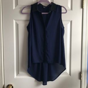 Tank Button Down Blouse w/  faux leather collar